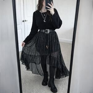 Roxy Hi Low Sheer Skirt M Black Multi Pull On Boho Festival Beach Resort